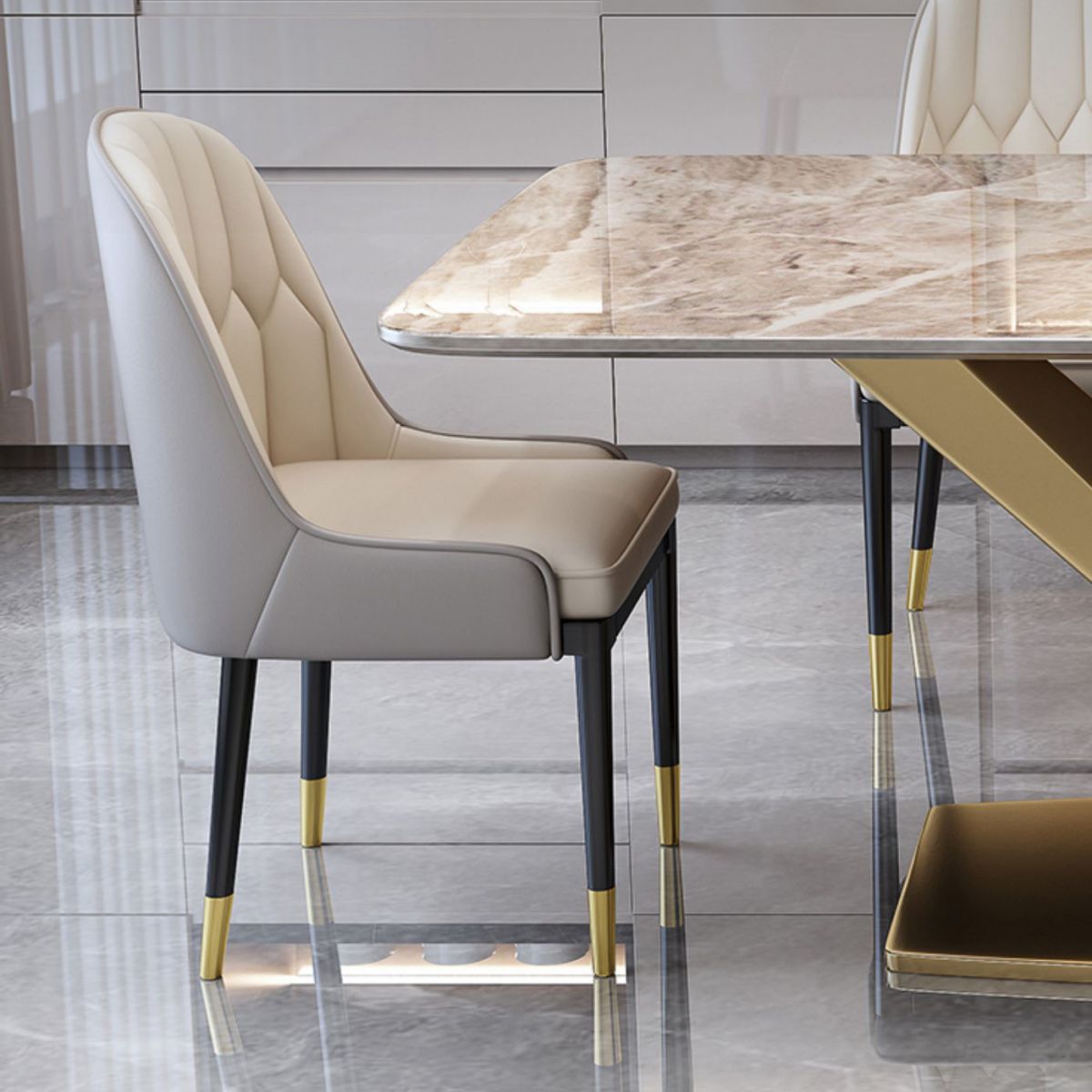 Sala da pranzo in pietra sinterizzata in stile minimalista con tavolo fisso e base di cavalletto dorato per uso domestico