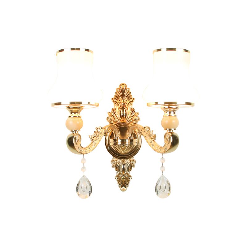 Opal Glass Gold Wall Light Flower Shade Antique Wall Lighting Fixture with Crystal Accent