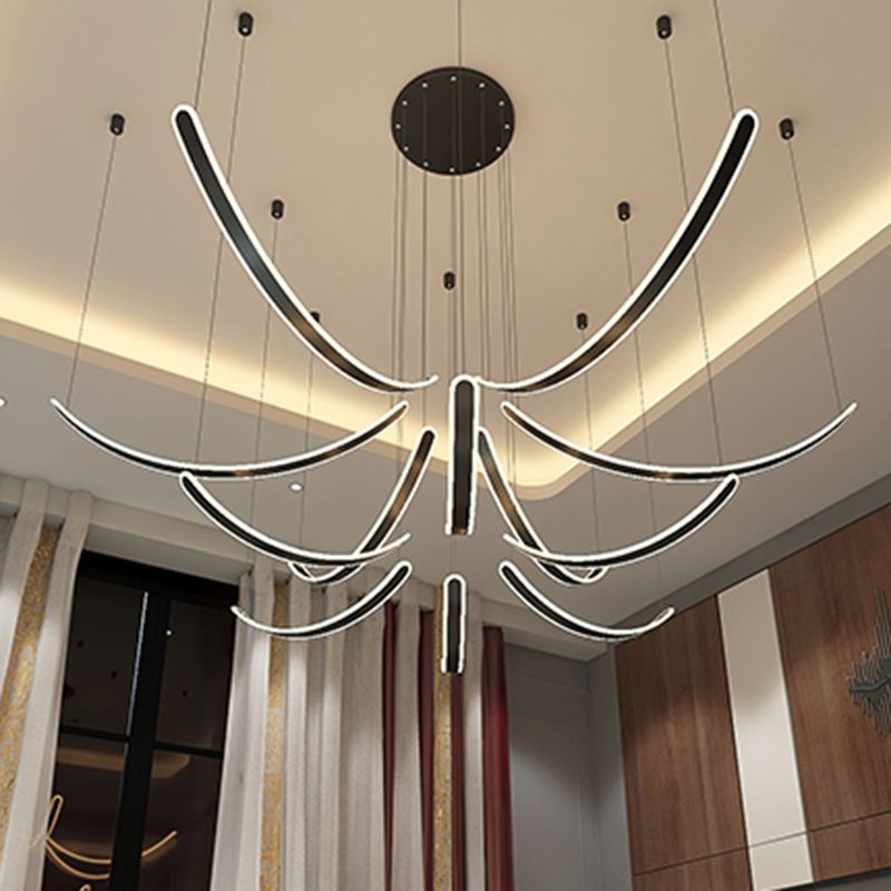 Curved LED Chandelier Minimalist Metal Living Room Villa Hanging Light in Black