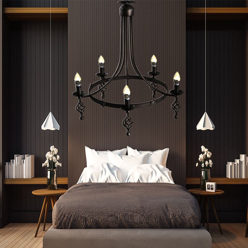 5 Lights Round Chandelier Lamp Country Metal Hanging Pendant Lighting in Black for Bedroom