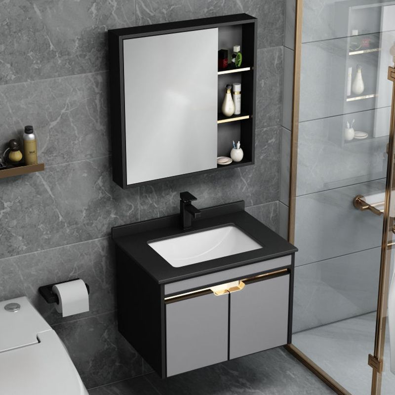 2 Doors Vanity Set Mirror Grey Wall Mount Rectangle Metal Bath Vanity with Single Sink