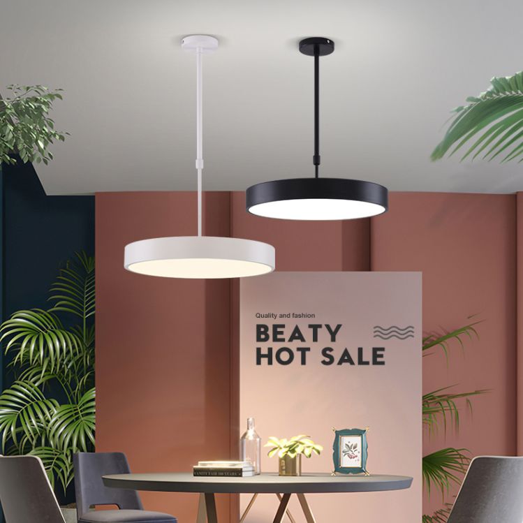 Modern Minimalist Office LED Hanging Lamp Wrought Iron Circular Pendant Light with Acrylic Shade