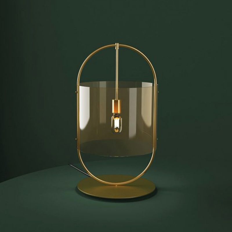 Lampada da comodino in vetro marrone chiaro a 1 testa con illuminazione da scrivania a cilindro dorato e anello ovale