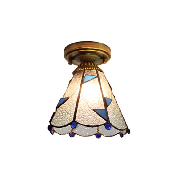 Dôme en vitrail luminaire avec triangle / bleu carré / feuille bleue / carré / diamant bleu / diamant Parlern 1 clair Méditerranéen Flushmount en laiton finition