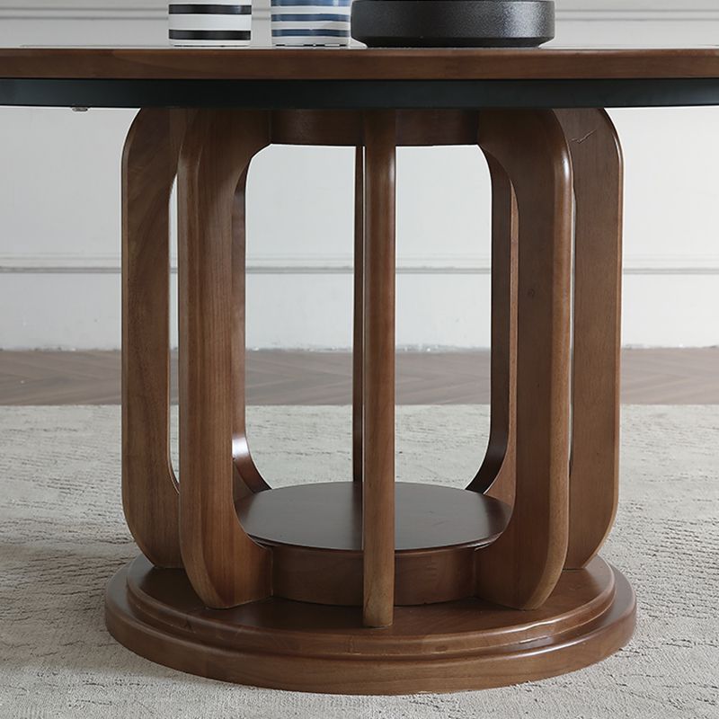 Walnut Color Solid Wood Round Dining Table Round Turntable Furniture with Pedestal Base