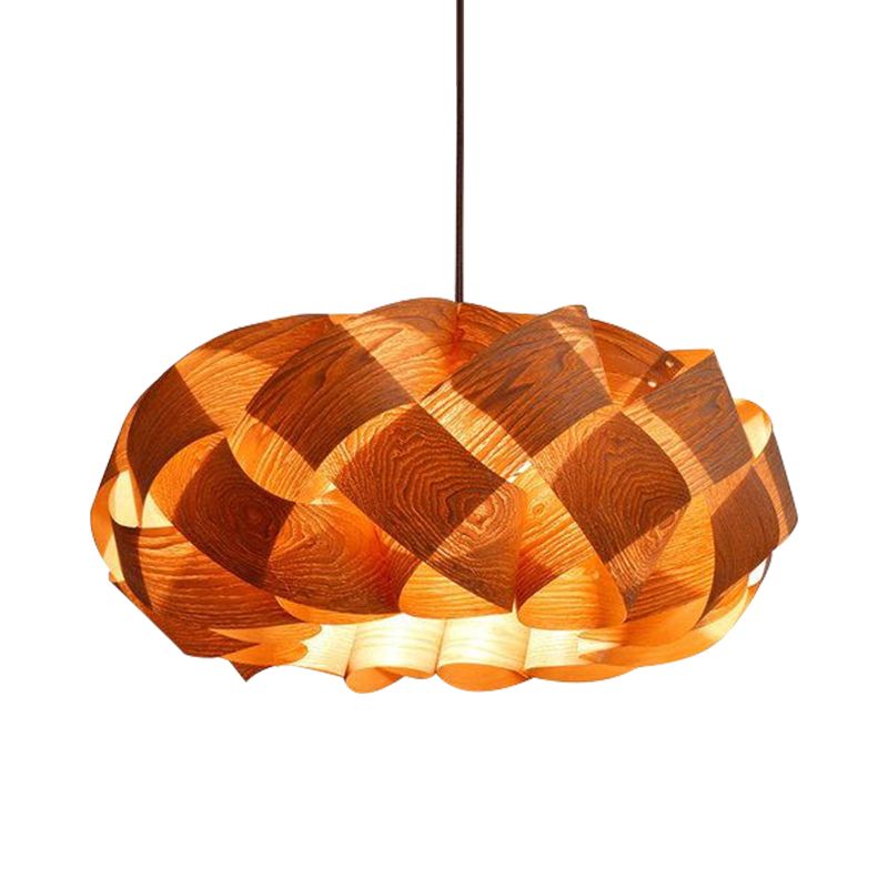 Japanese Rounded Drum Ceiling Light Wood 1 Head Suspended Lighting Fixture in Beige