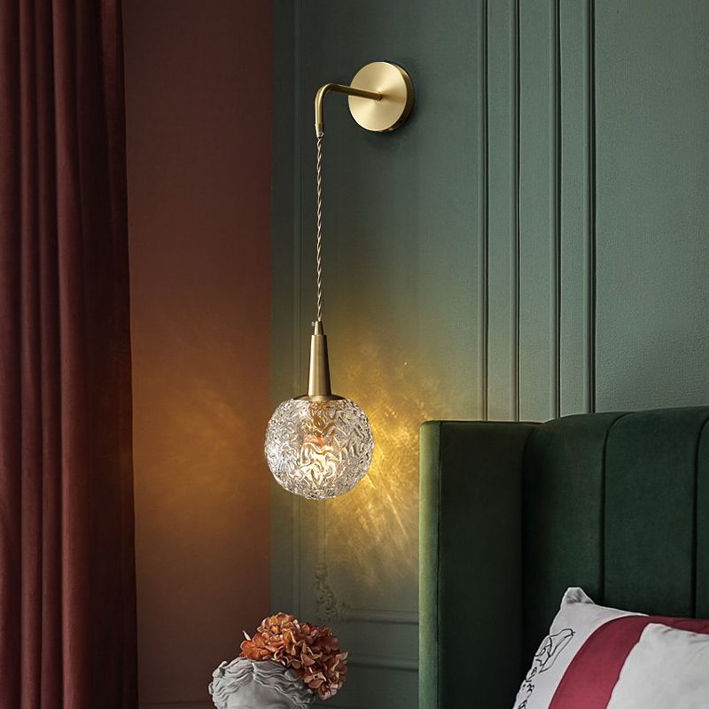 Spherical Bedside Wall Hanging Lamp Crystal 1 Head Minimalist Wall Light in Brass
