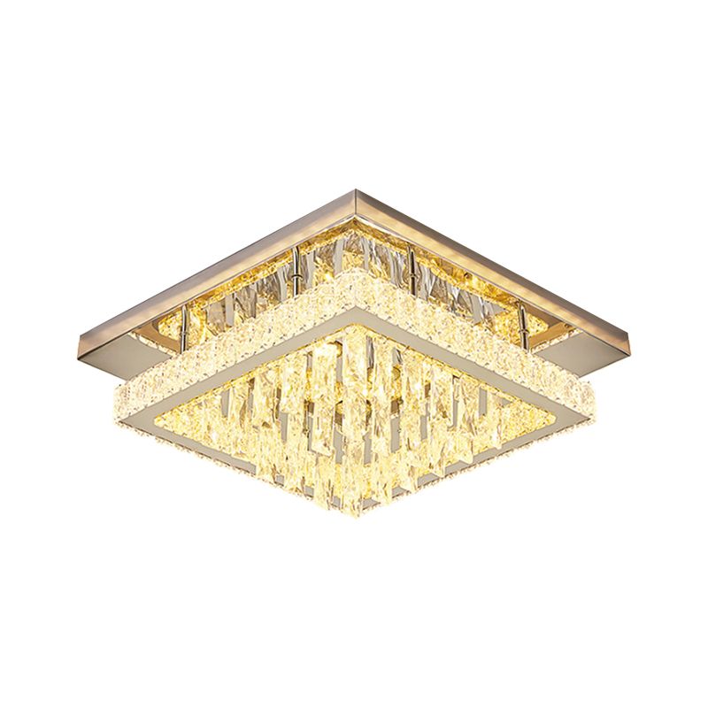 Square Frame Clear Crystal Flush Mount Modernist LED Bedroom Ceiling Lighting in Chrome with Waterfall Design