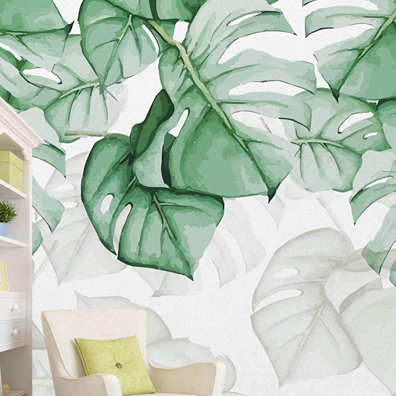 Contemporary Banana Leaves Wall Mural Green and White Wall Covering for Living Room, Customized Size Available
