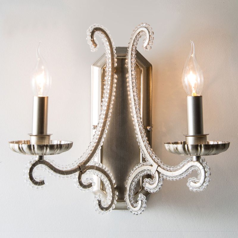 Metal Candle Wall Mounted Light Rustic Bedside Sconce Lighting Fixture with Crystal Bead
