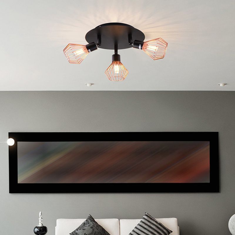 Industrial Style 3 Lights Angle Adjustable Ceiling Light with Rose Gold Metal Cage Shade