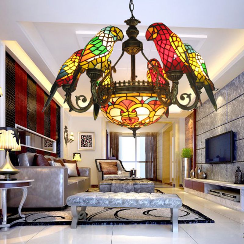 Tiffany Luxury Spoutnik Pendant Light Light Wroyd Fer Indor suspendu lampe avec une teinte en verre colorée