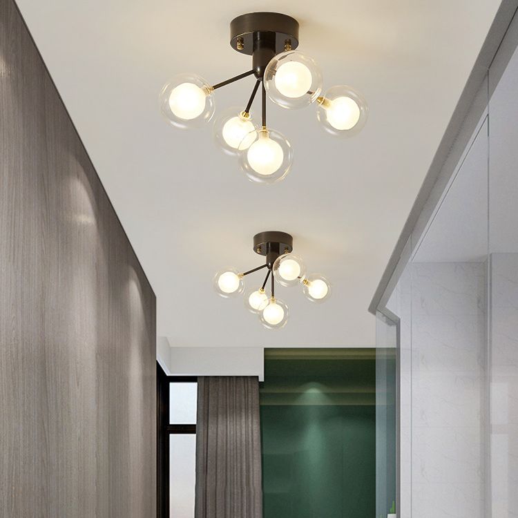 Ball Semi Flush Mount Chandelier Modern Clear and Frosted Glass 5-Light Corridor Ceiling Light