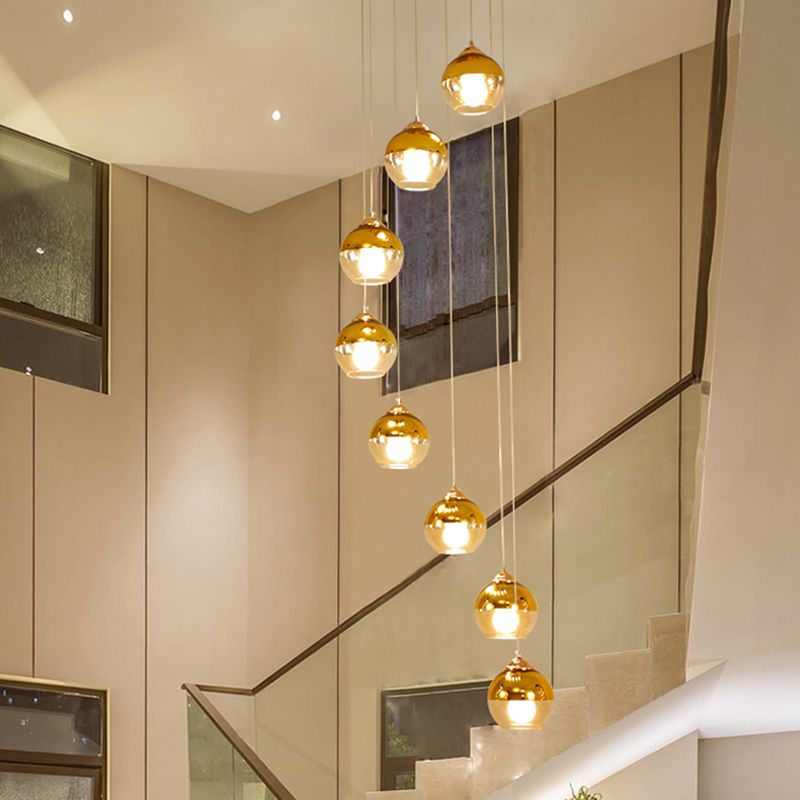 Gold Ball Cluster Pendant Lamp Modern Clear Glass 8-Head Stair LED Ceiling Hang Fixture