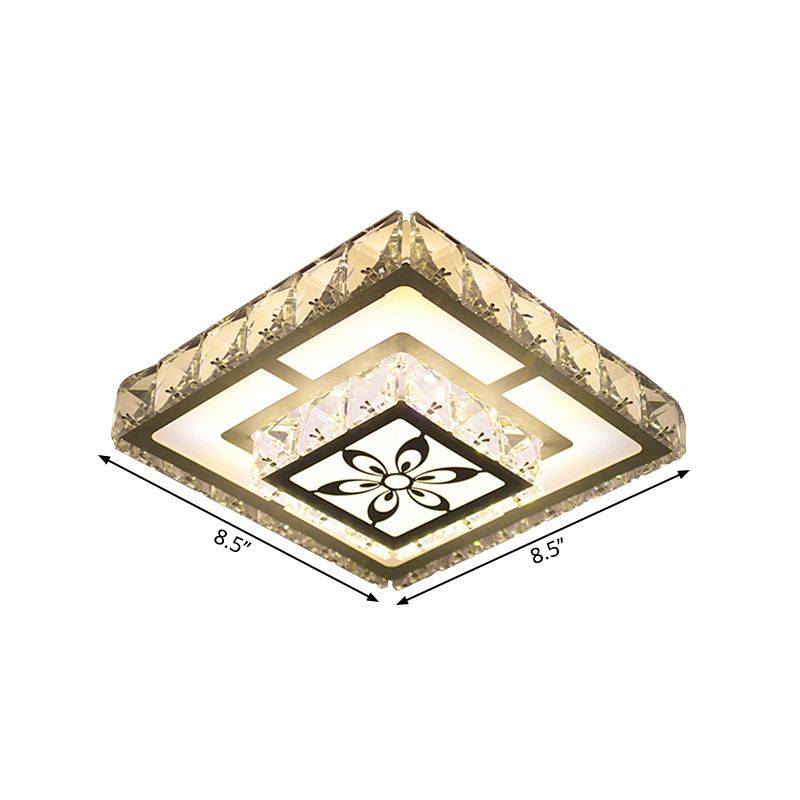 Modernist Round/Square Flush Light Beveled Crystal LED Corridor Ceiling Fixture in White with Flower Pattern, Warm/White Light