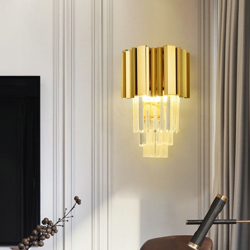 Traditionalism Tiered Wall Mount Lamp 2 Heads Clear Crystal LED Wall Sconce in Gold