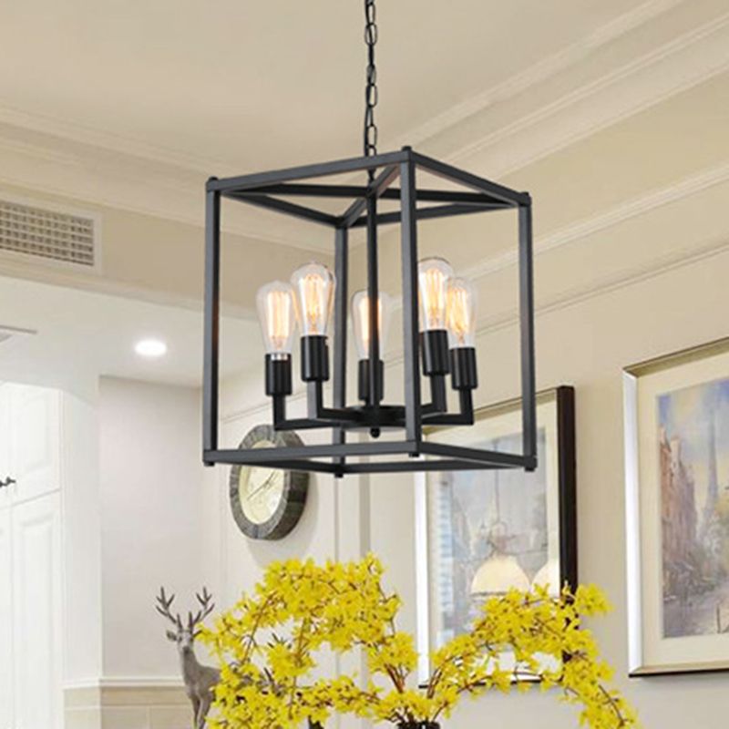 Black Cage Hanging Lamp Industrial Retro Metal Diner Pendant Chandelier in Square Shape