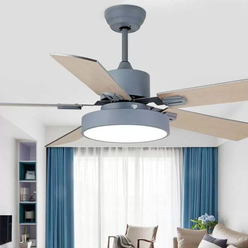 5-BladeDrum Living Room Hanging Fan Light Fixture Traditional Acrylic 52" Wide LED Semi Flush Light