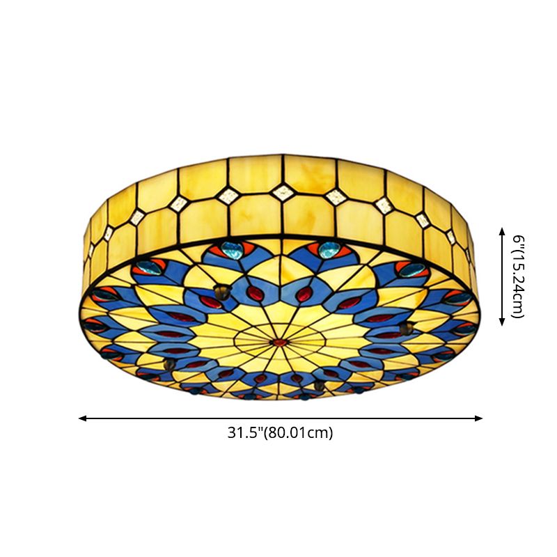 Drum Ceiling Mount Light Mediterranean Stained Glass Flush Mount Fixture for Bedroom