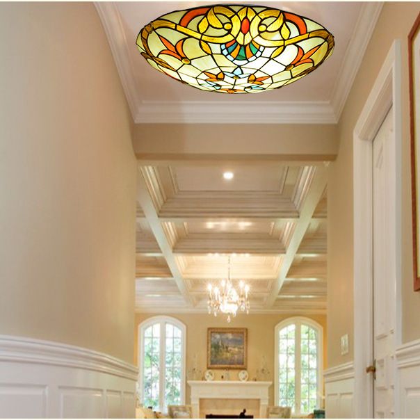 Bowl Shape Flush Light Stained Glass Baroque Flush Mount Ceiling Light Fixtures