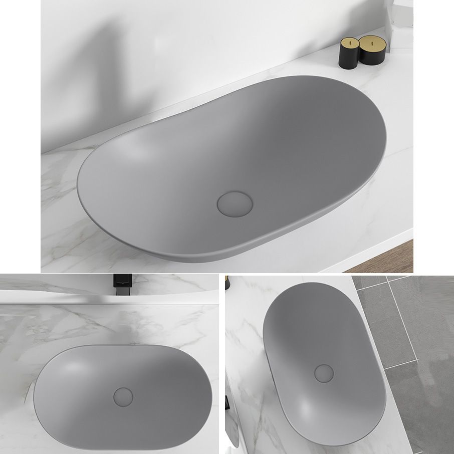 Contemporary Bathroom Sink Pop-Up Drain Porcelain Solid Color Oval-Shape Vessel