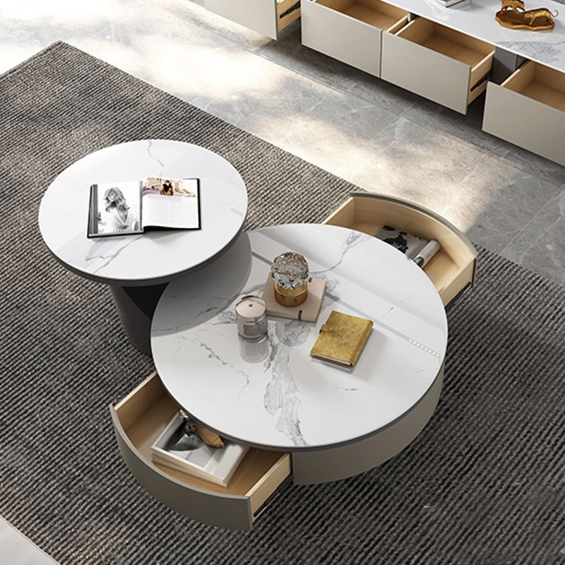 Slate and Metal Coffee Table Pedestal Round Cocktail Table with Drawer