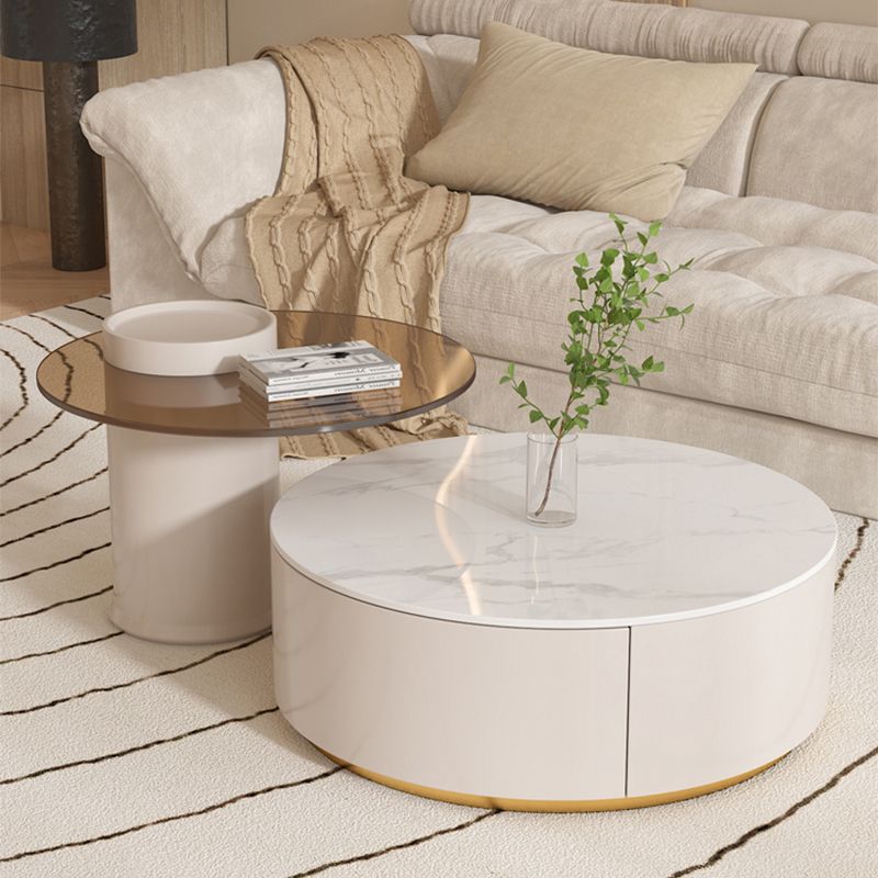 Drum Coffee Table Round Slate Top Cocktail Table with 2 Storage Drawers