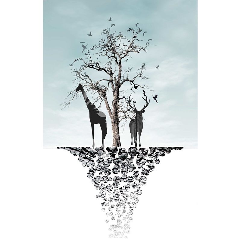 Blue-Black Art Deco Murals Full Size Path to Deer and Bare Tree Painting Wall Covering for Accent Wall