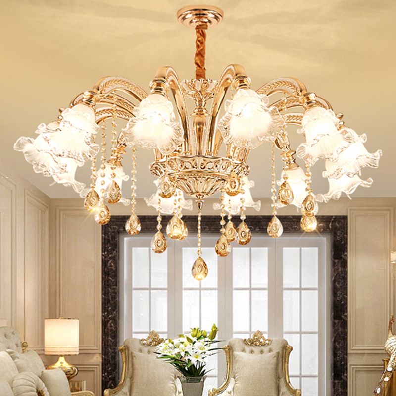 Ribbed Glass Ruffled Flower Suspension Light Retro Living Room Chandelier Light with Crystal Draping in Gold