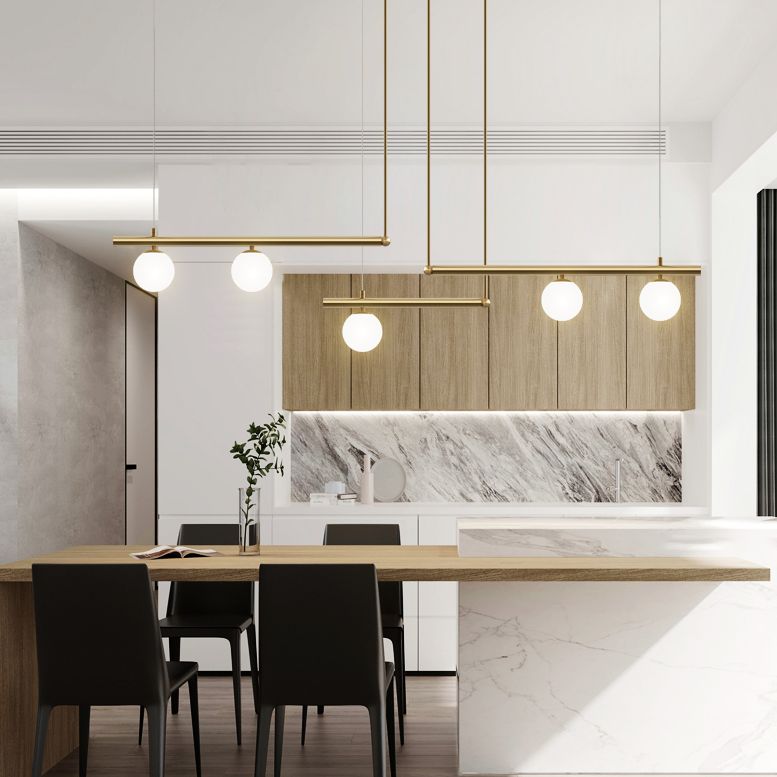 Gold Finish Linear Hanging Light Simplicity Metal Island Light with Ball White Glass Shade