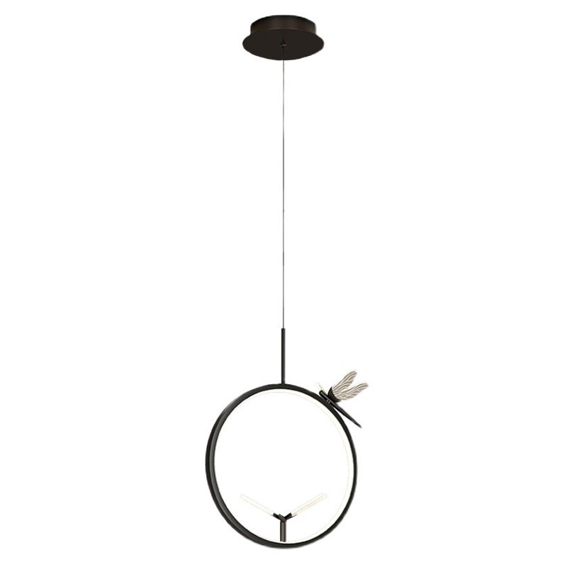 Metal Circle Hanging Pendant Light Modern LED Pendant Ceiling Light with Dragonfly Decor