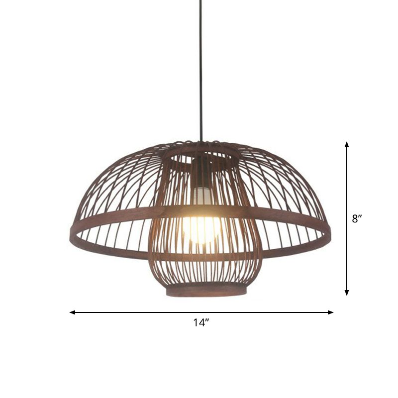 Coffee Finish Cage Hanging Lamp Contemporary Single-Bulb Bamboo Suspension Light