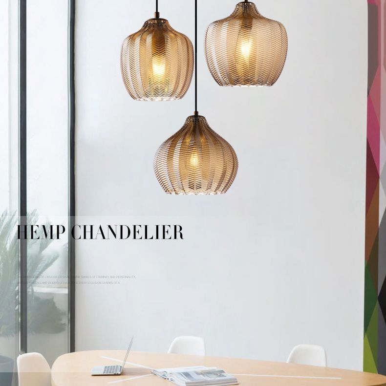 Melon Shaped Glass Suspension Lamp Nordic Style Hanging Light Fixture for Dining Room