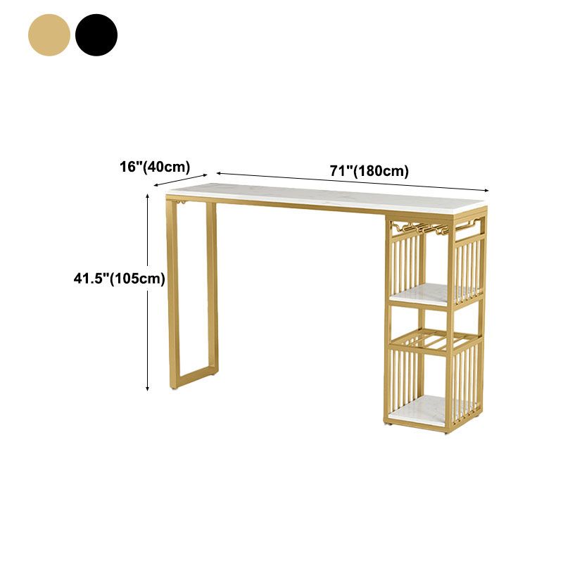 Glam White Marble Bar Dining Table Iron Double Pedestal Bistro Table with Shelve