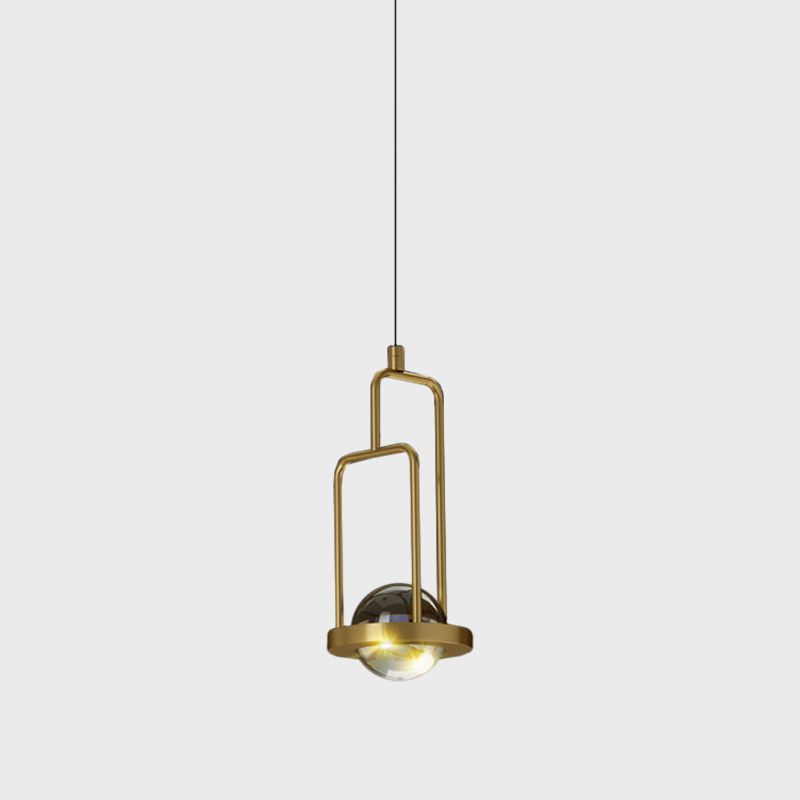 Ball Ceiling Suspension Lamp Minimalist Clear Crystal 1 Light Pendant in Gold with Rectangle Frame