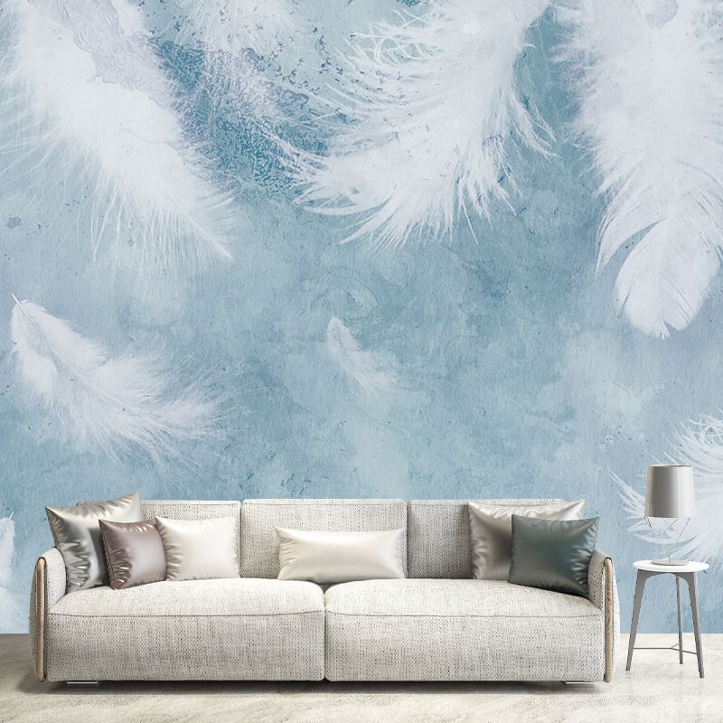 White Feather Wall Mural Decal Water Resistant Modernist Bedroom Wall Art on Blue