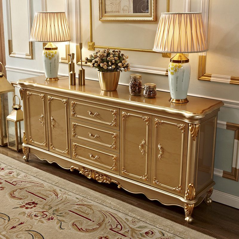 Glam 2-Door Sideboard in Gold Oak Wood Sideboard with Marble for Living Room