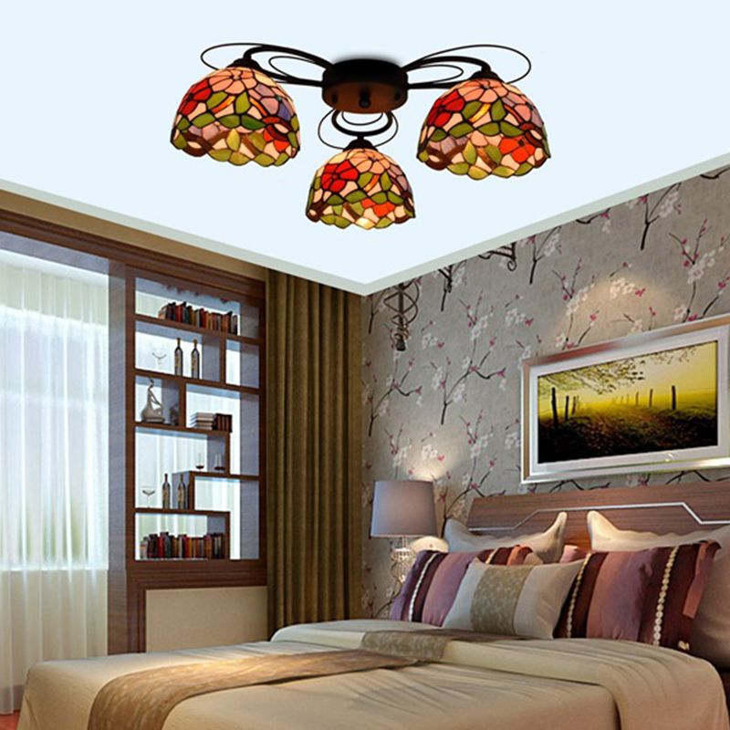 Orange Peony Ceiling Light Tiffany 3/7/9 Heads Multicolored Stained Glass Semi Flush Mount Lighting