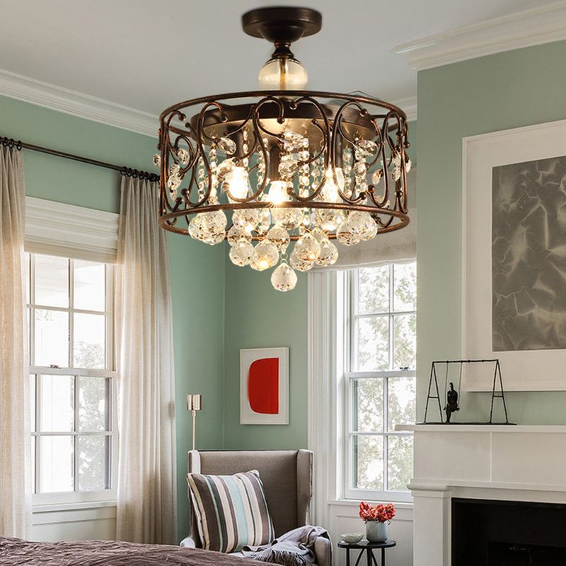 3-Lights Drum Ceiling Light with Romantic Crystal Drops Design Wrought Iron Semi Flush-mount Lighting Fixture in Rust