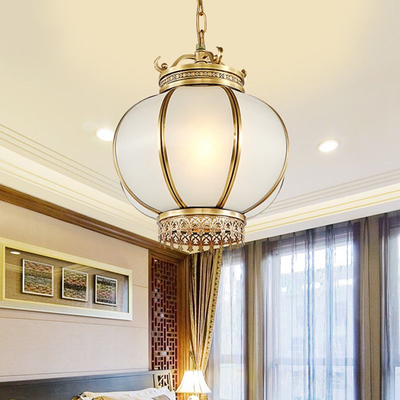 Frosted Glass Lantern Hanging Light Traditional 1 Light Bedroom Drop Pendant in Brass