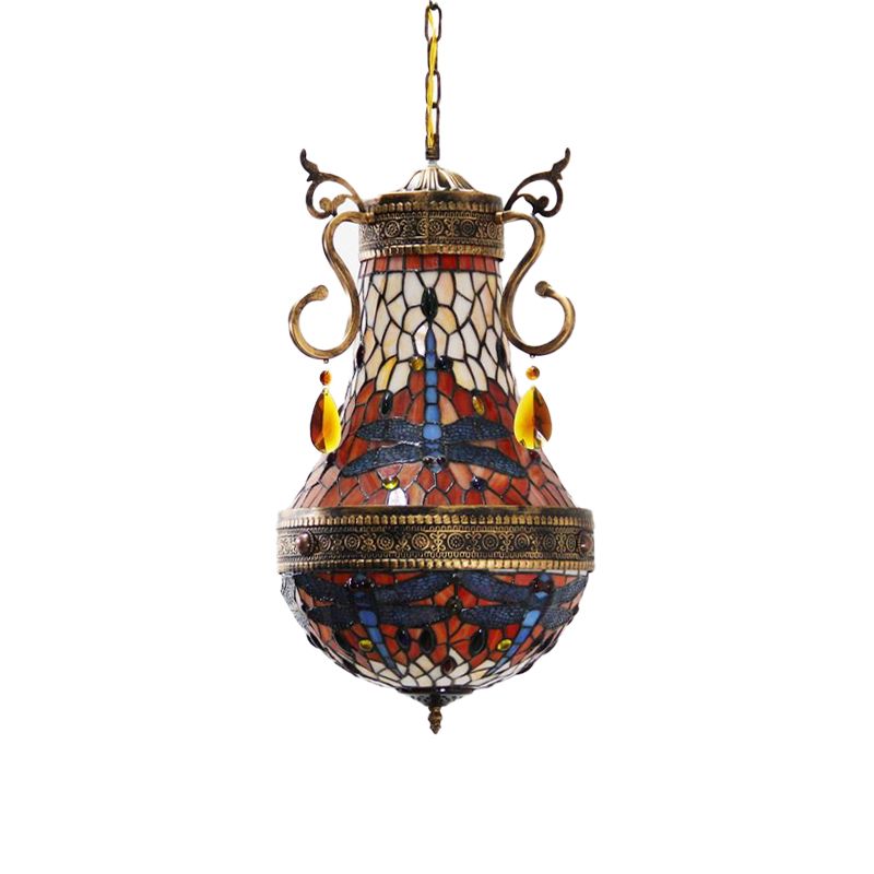 Dragonfly Chandelier 6 Lights Stained Glass Tiffany Pendant Lighting in Red/Yellow/Green for Dining Room