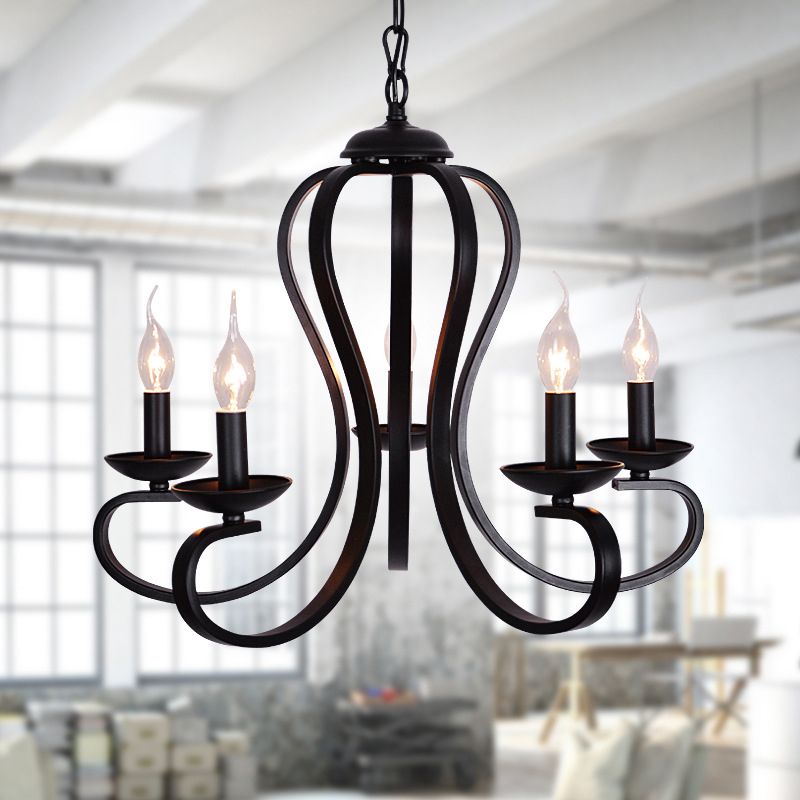 Black Swirled Arm Pendant Lighting Classic-Style Metal 3/5/6 Lights Living Room Chandelier