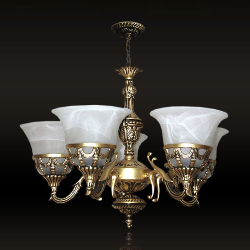 5 lichten Bell Up kroonluchter traditionele bronzen albast glazen hangende lamp voor eetkamer