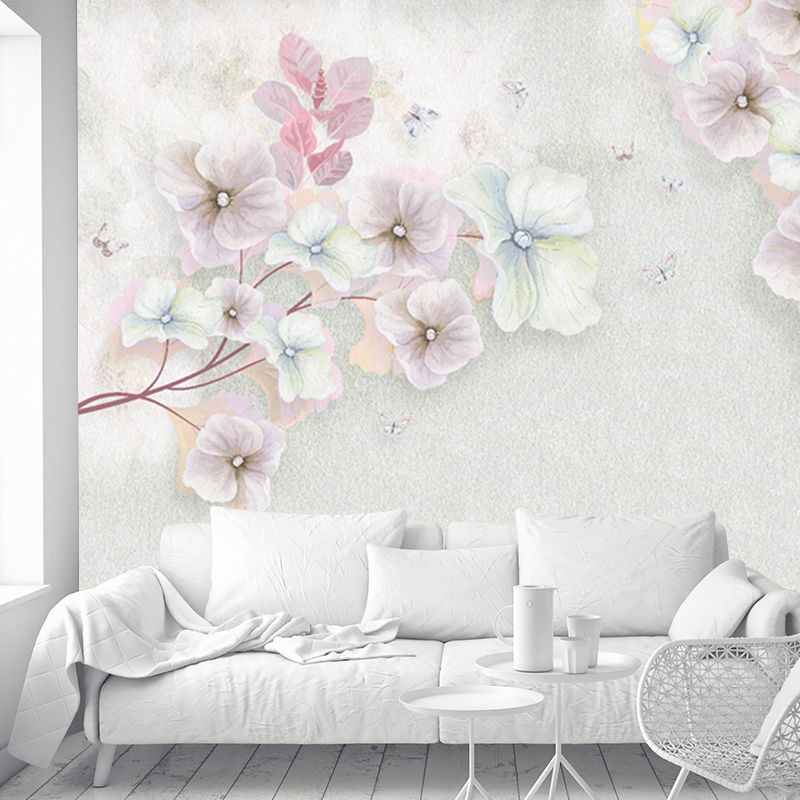 Pink Flowering Apricot Mural Decal Stain-Resistant Wall Covering for Living Room