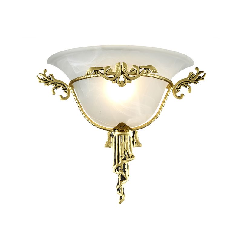 Colony Carved Sconce Metal 1 Bulb Wall Mounted Light Fixture in Copper/Brass with Flared Milky Glass Shade