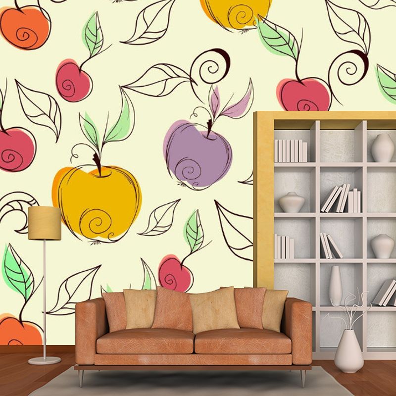 Childrens Art Apple Wall Mural Purple-Yellow Fruit Wall Covering for Kindergarten