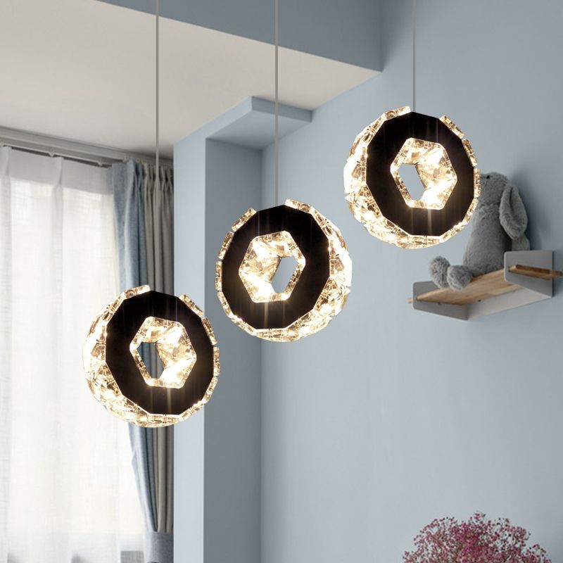Chrome LED Cluster Pendant Minimal Beveled Crystal Ring Hanging Ceiling Light in Warm/White/Neutral Light