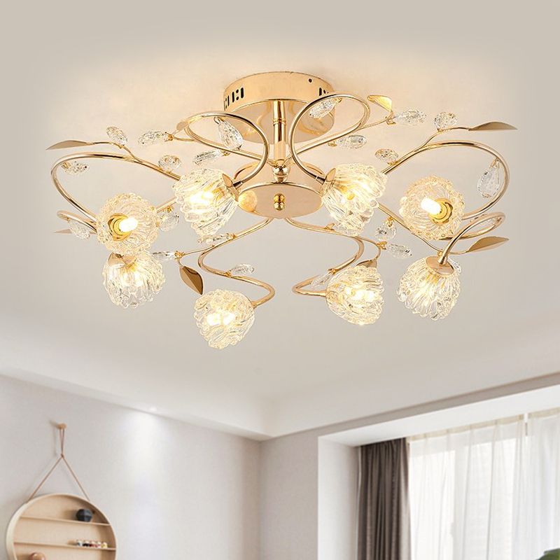 PRISMATIC Crystal Floral Soffio Light Contemporary 8 Bulbs Semi Flush With Metal Leaf Design in oro