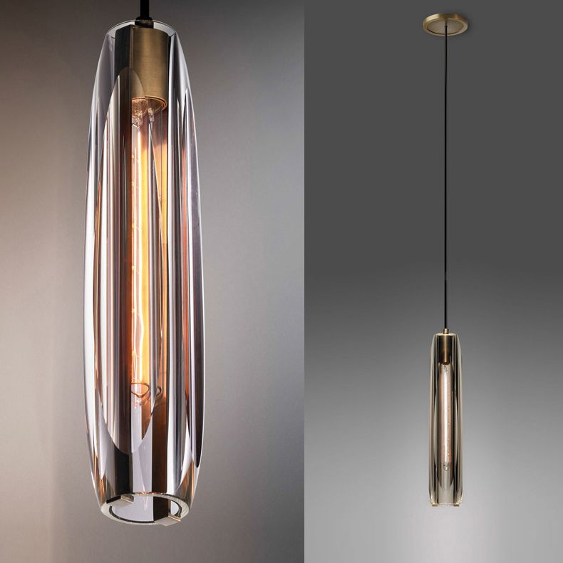Lámpara colgante cilíndrica de cobre ligero de un solo colgante artístico moderno con sombra de cristal