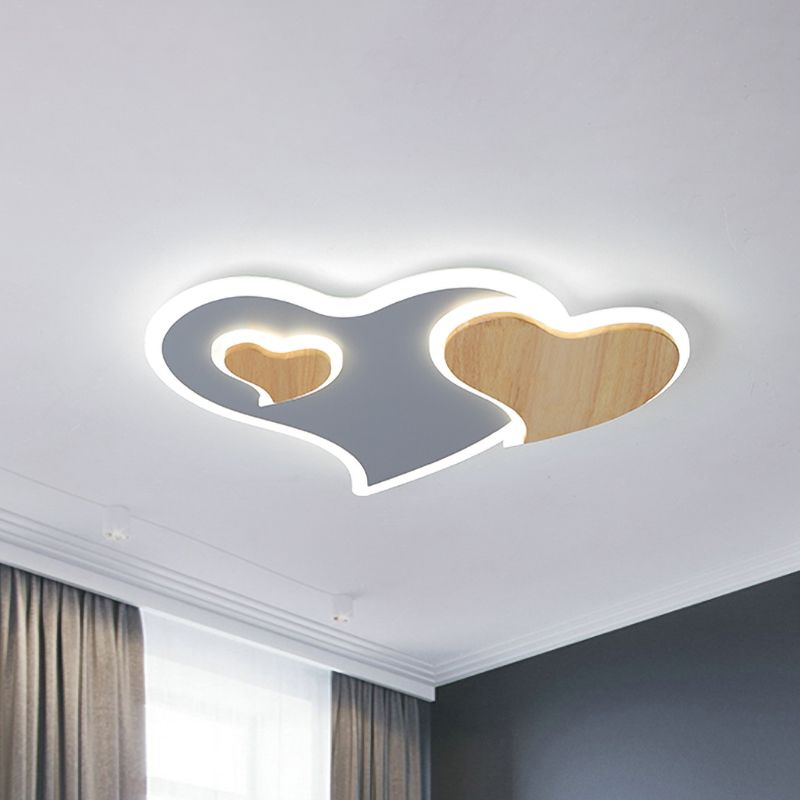 Nordic Triple Heart Shape Flushmount Acrylic Bedroom LED Close to Ceiling Light in Blue and Wood